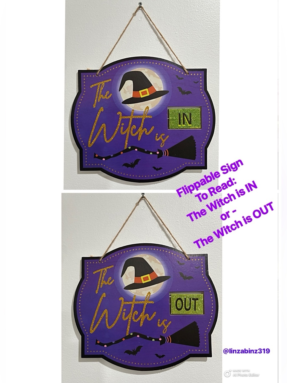 NWT- Glittered- The Witch is IN / OUT Flippable Wooden Halloween Hanging Sign